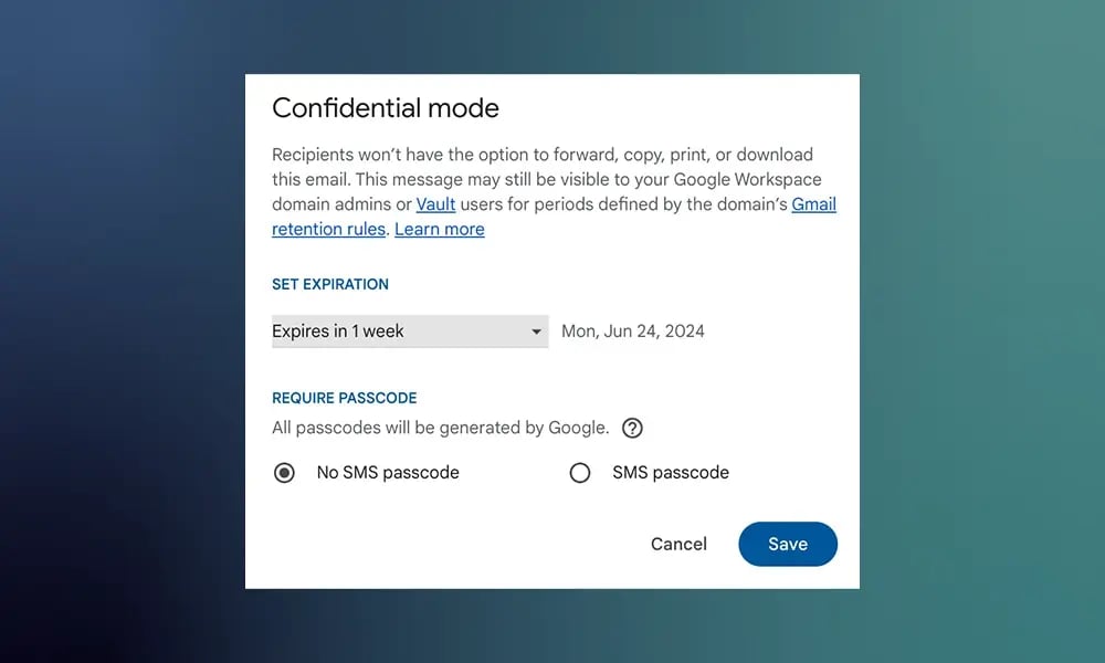 Gmail Confidential Mode shows options for limited access control, but not encryption.