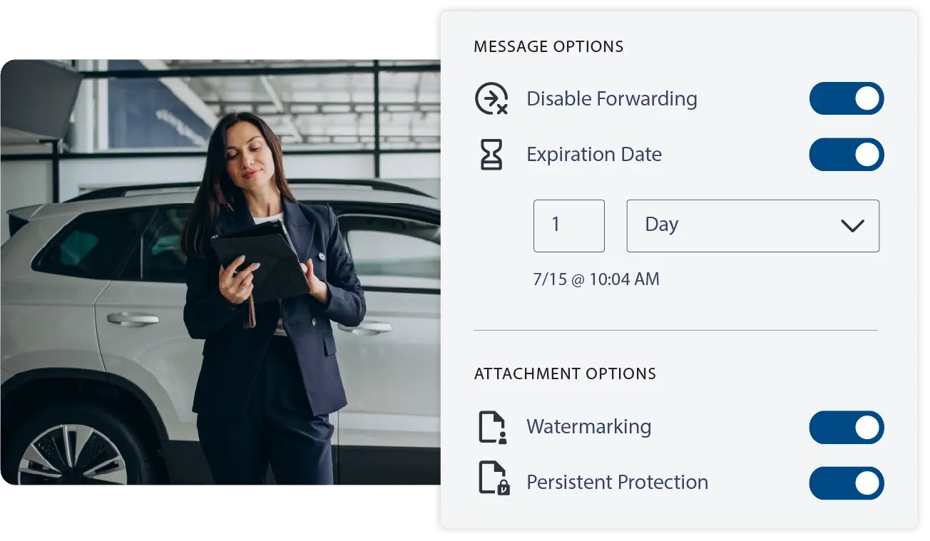 A woman at a car dealership uses Virtru to protect consumer information