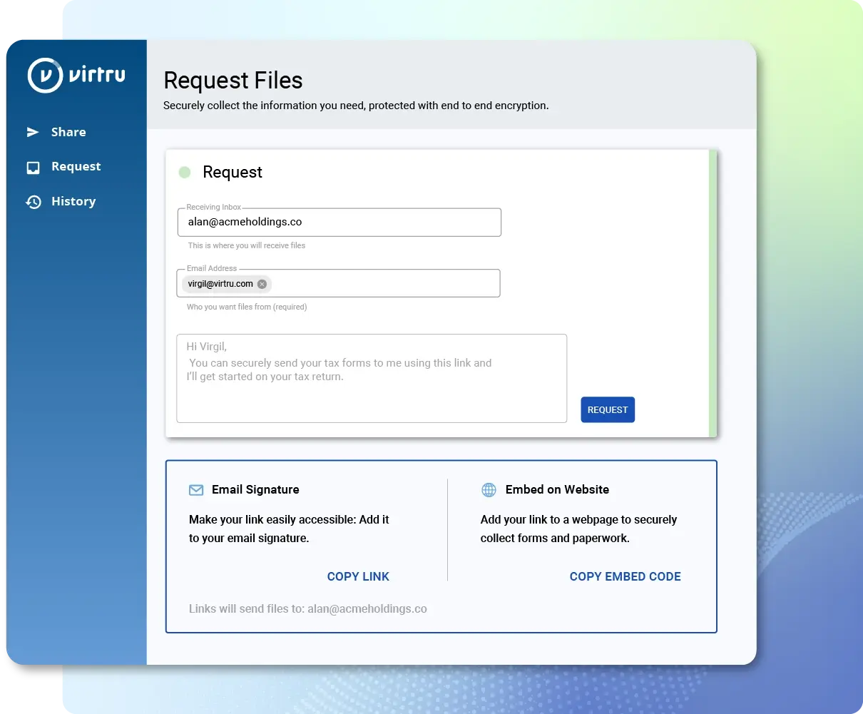 View of Virtru Secure Share interface for file requests