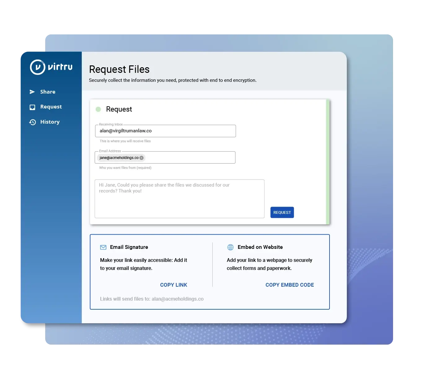Secure Share interface for requesting a secure file